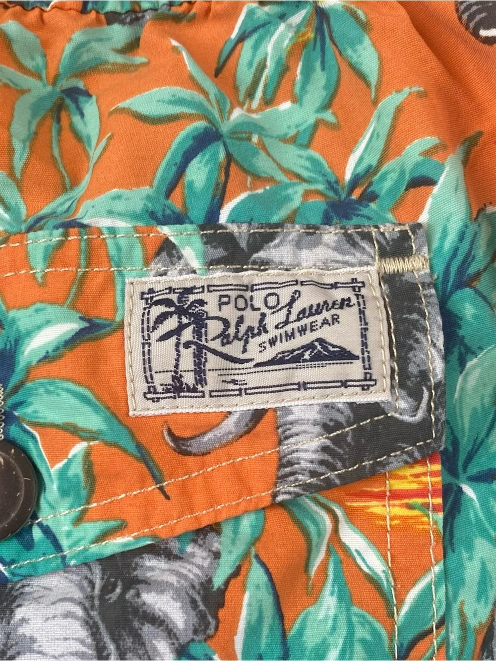 Polo Ralph Lauren Elephant Tropical Print Swim Trunks Men’s L Orange Mesh Lined